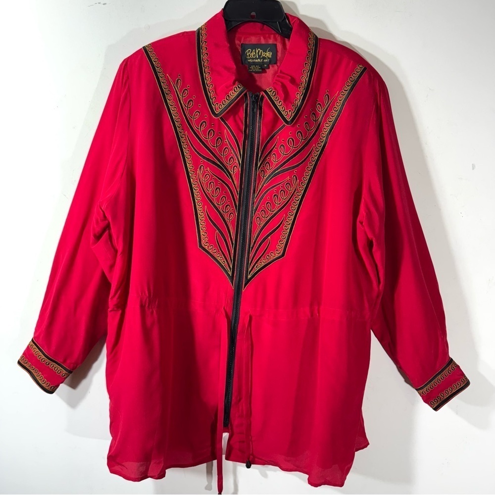 Vintage BOB MACKIE Wearable Art SILK Red and Black Embroidered Jacket - Picture 8 of 10